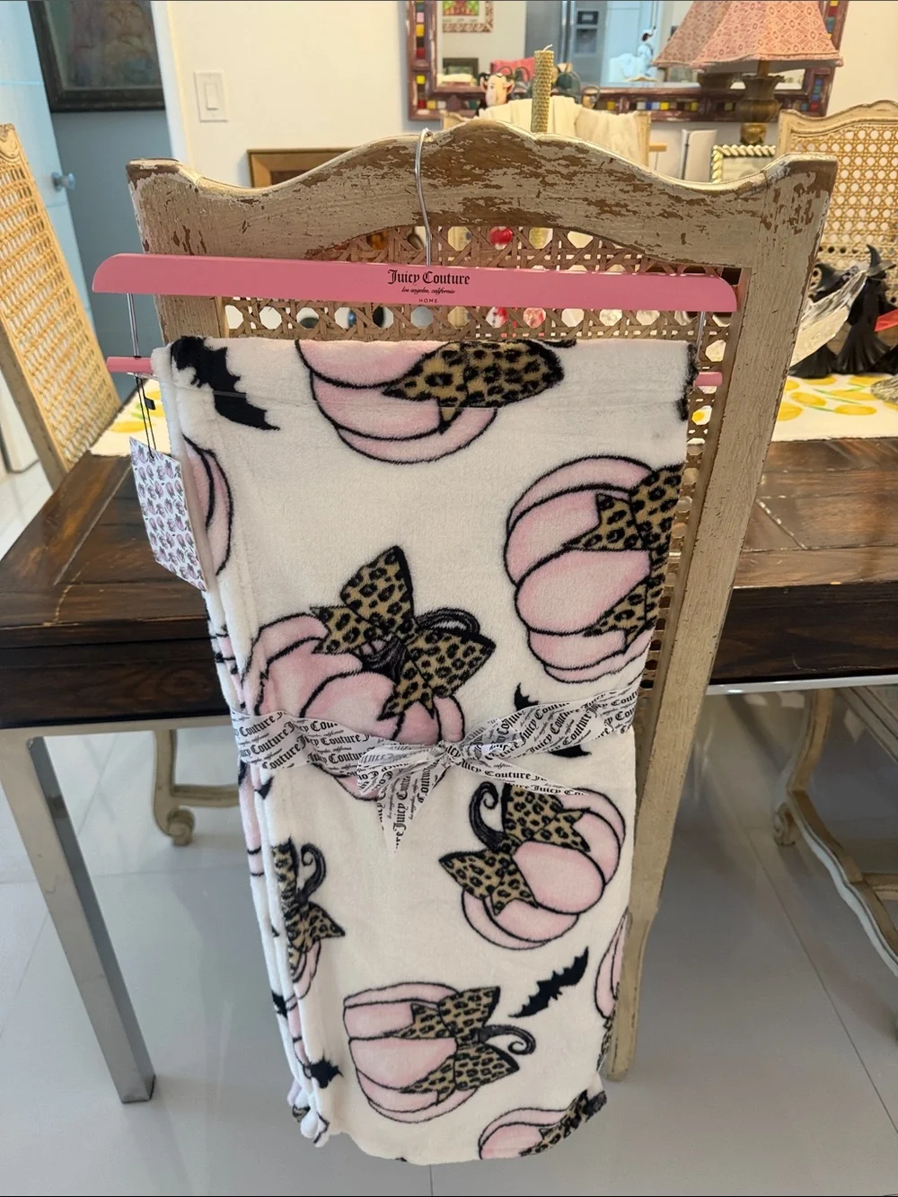Juicy Couture Halloween Pink, Black/Brown Bats/Pumpkins/Bows Throw Blanket